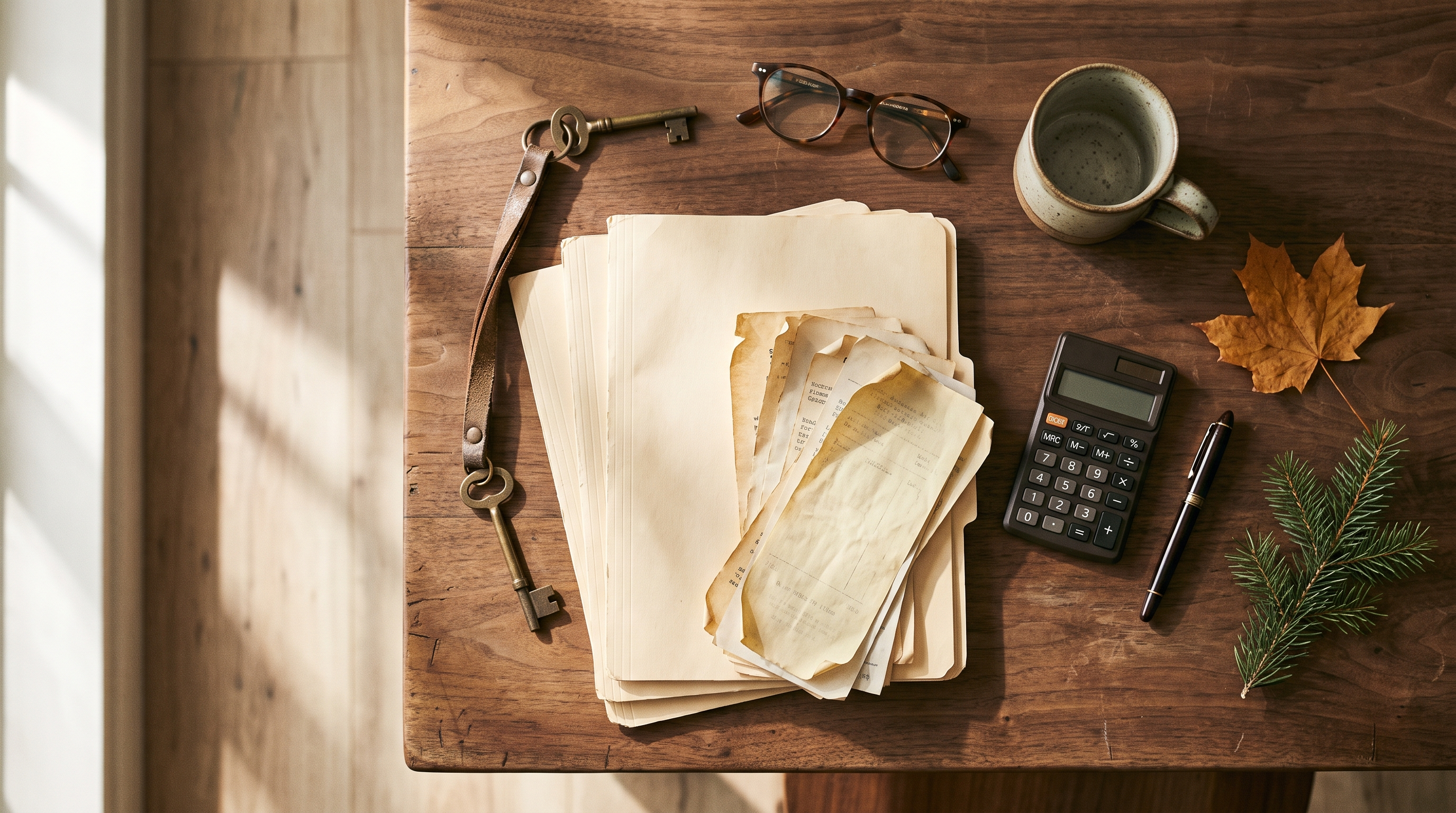 Overhead view of aged home-improvement receipts, building permits, a brass house key, and a calculator on a walnut table in warm morning light