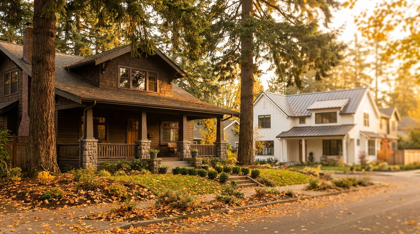 Golden-hour Portland Craftsman duplex investment property with a second small rental home implied across a tree-lined street, suggesting a 1031 like-kind exchange; no people or signage
