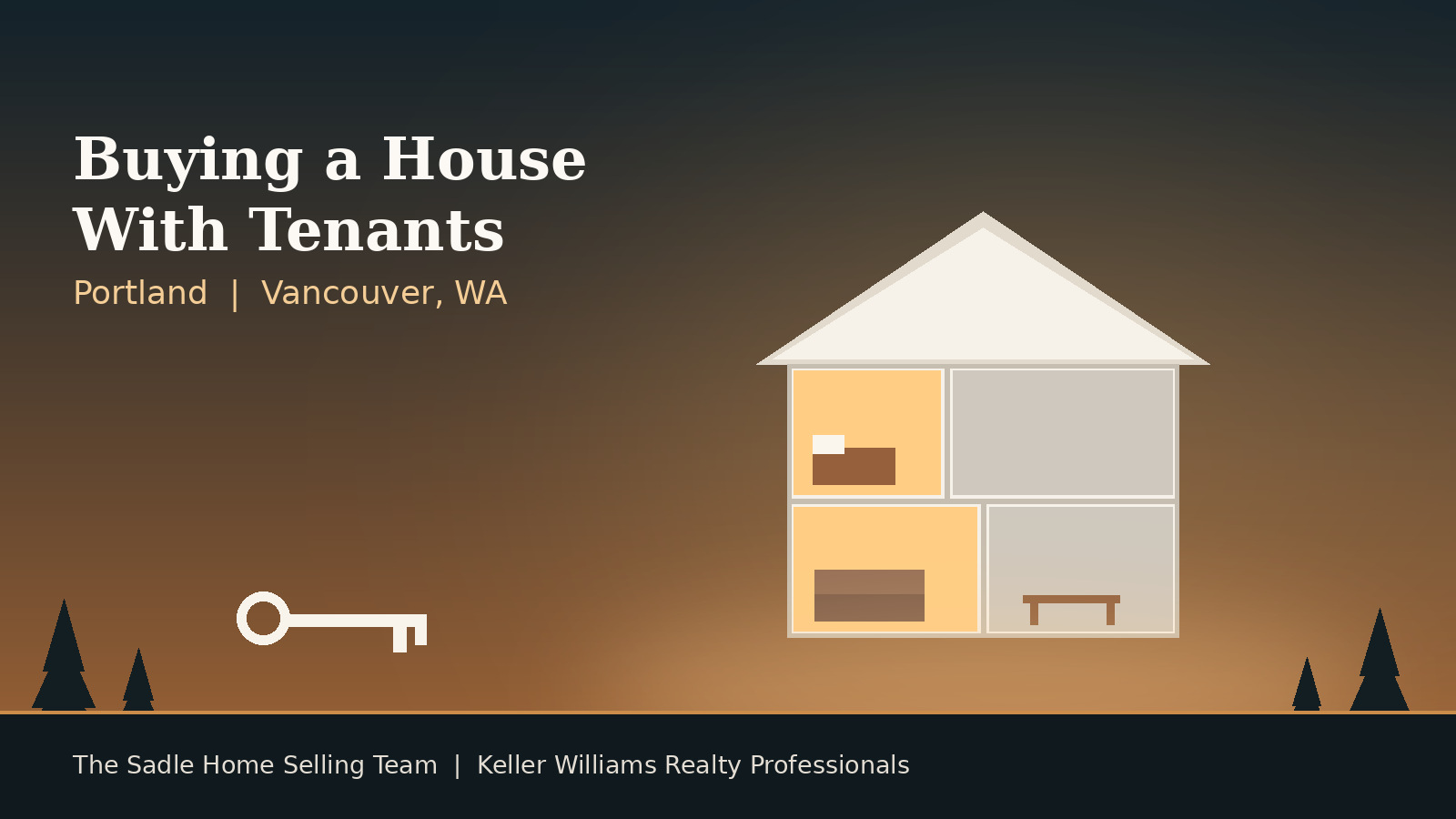 Illustration of a two-storey house shown in cutaway at dusk, with two warmly lit furnished rooms and two dark empty ones, a house key in the foreground, framed by Douglas firs