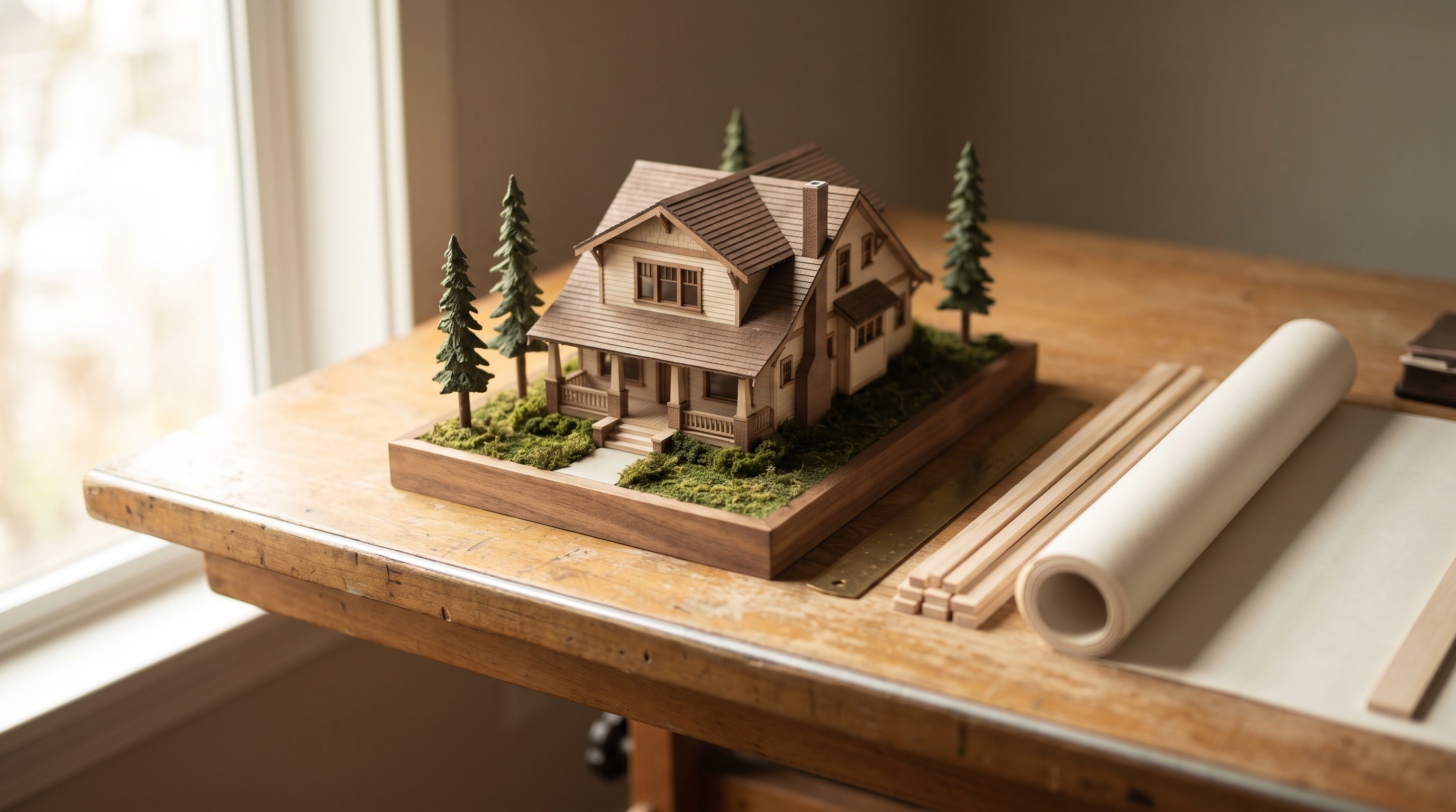 A handcrafted basswood architectural scale model of a Craftsman-style house on a drafting table in soft natural light, with model fir trees, framing pieces, and rolled blank drafting paper