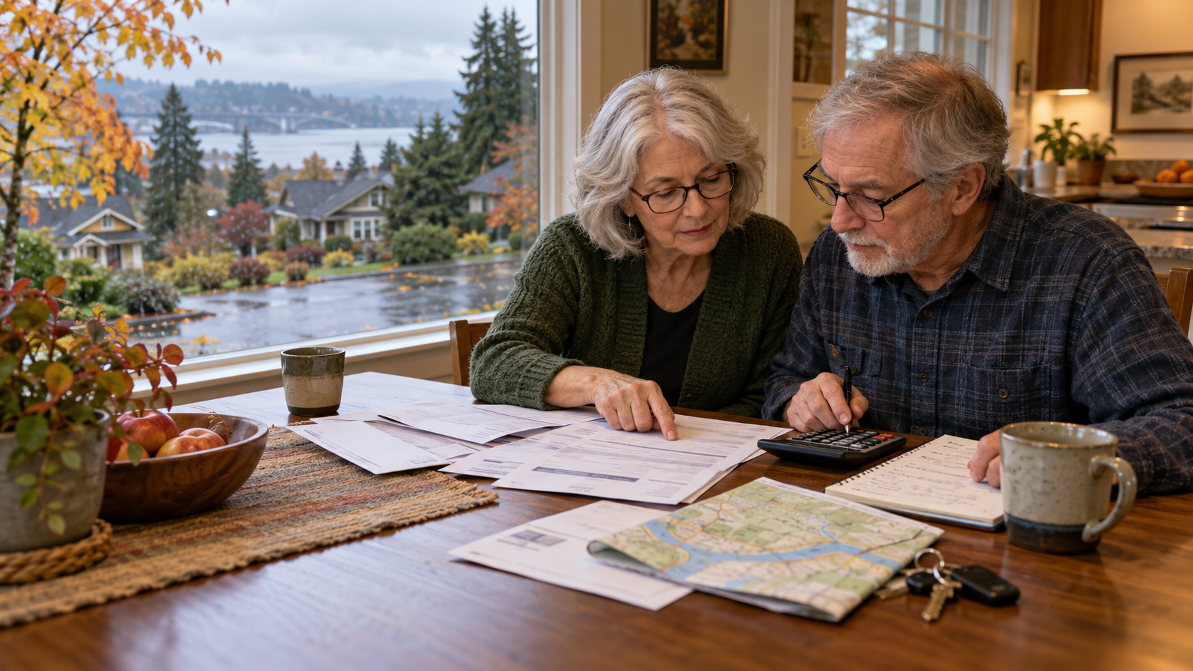 Older Portland–Vancouver homeowners reviewing property tax documents and a household budget at their kitchen table.