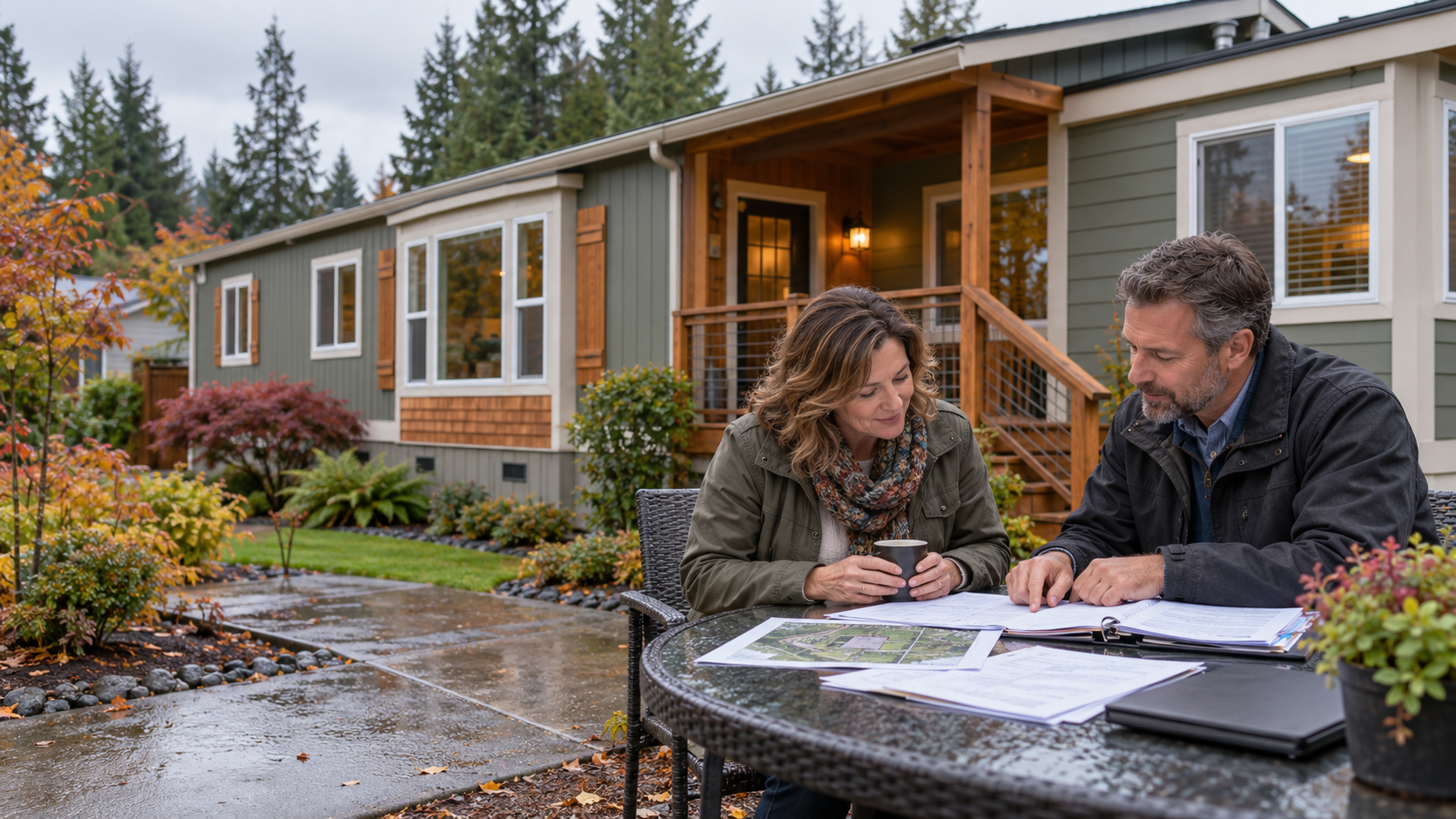 Manufactured homeowner reviewing title and property records with a real estate advisor outside the home