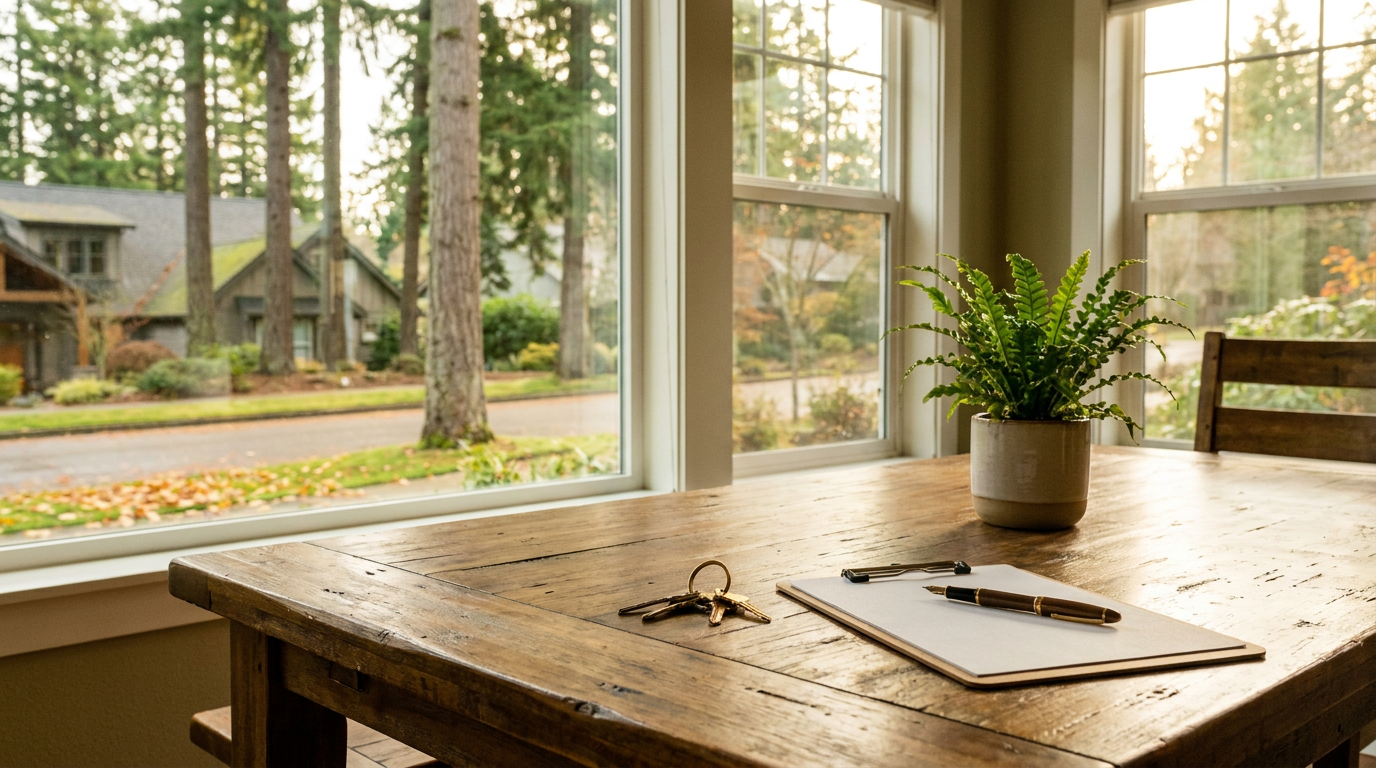A tidy Craftsman kitchen table in warm morning light with house keys, a pen, and a blank clipboard — representing a buyer representation agreement before touring homes in Portland and Vancouver.