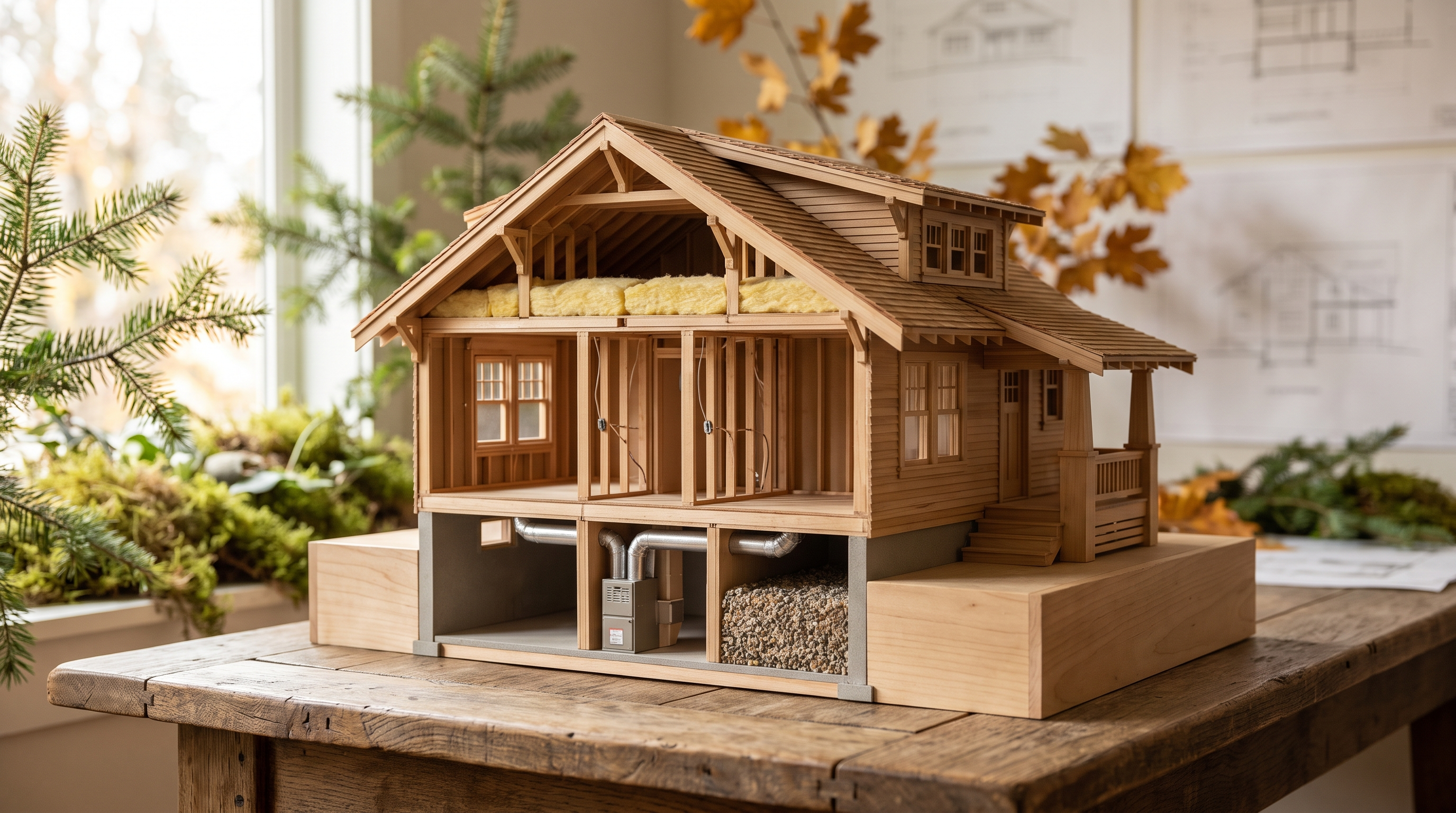 Architectural cutaway model of a Craftsman-style home showing attic insulation, wall cavities, a furnace, windows, and crawl space, lit by natural Pacific Northwest daylight