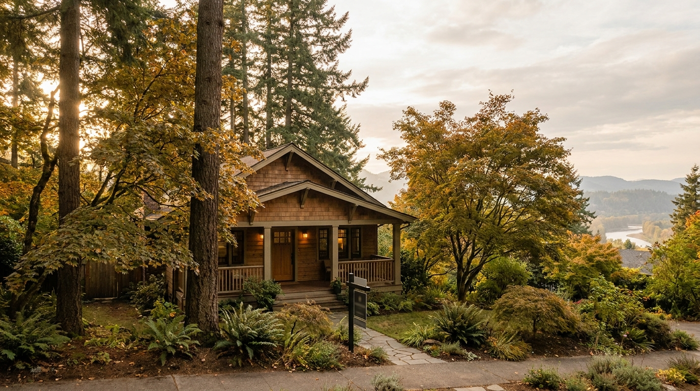 Craftsman-style home on a tree-lined Portland–Vancouver street at golden hour, framed by Douglas firs — representing a home waiting on a balanced 2026 market.