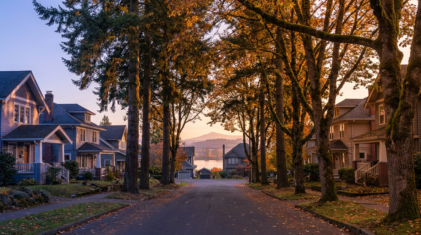 Tree-lined Portland–Vancouver residential street at golden hour with the Columbia River in the distance, symbolizing a balanced 2026 housing market.