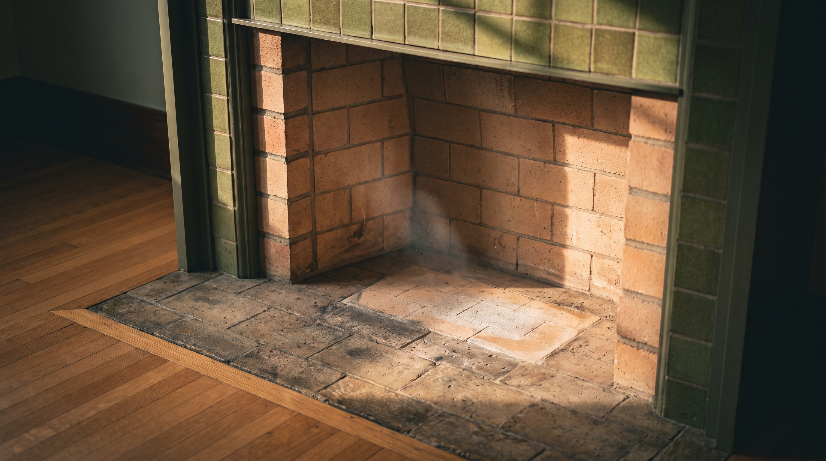 Empty brick fireplace hearth in a 1920s Craftsman living room, with a lighter clean rectangle on the hearth stone where a wood stove was recently removed