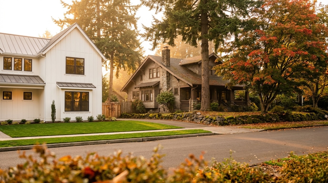 A newly built modern farmhouse and an established Craftsman home on a tree-lined Pacific Northwest street in warm autumn light, representing the choice between new construction and resale in Portland and Vancouver
