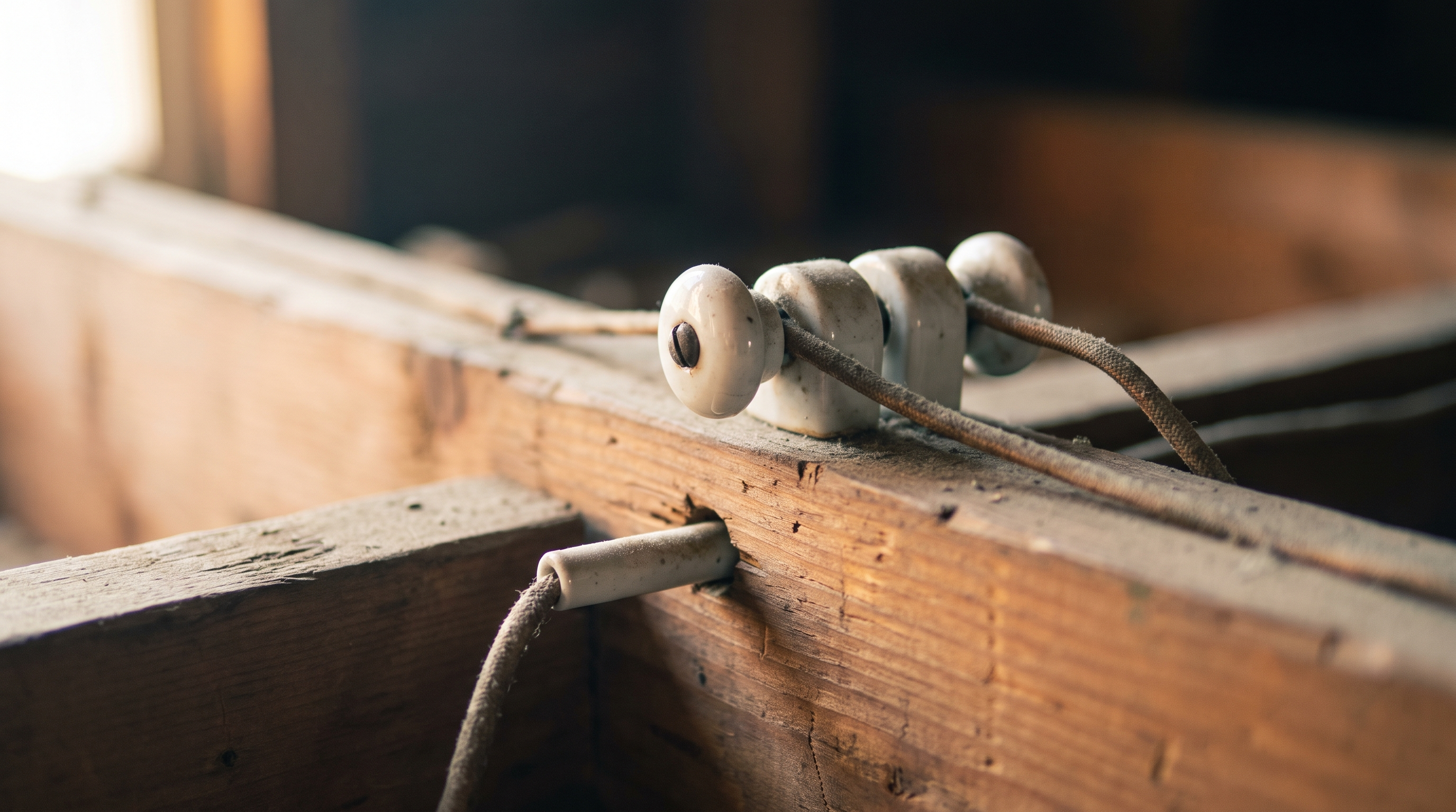 Vintage ceramic knob-and-tube wiring insulators on a Douglas fir joist in the attic of an early-1900s Portland home