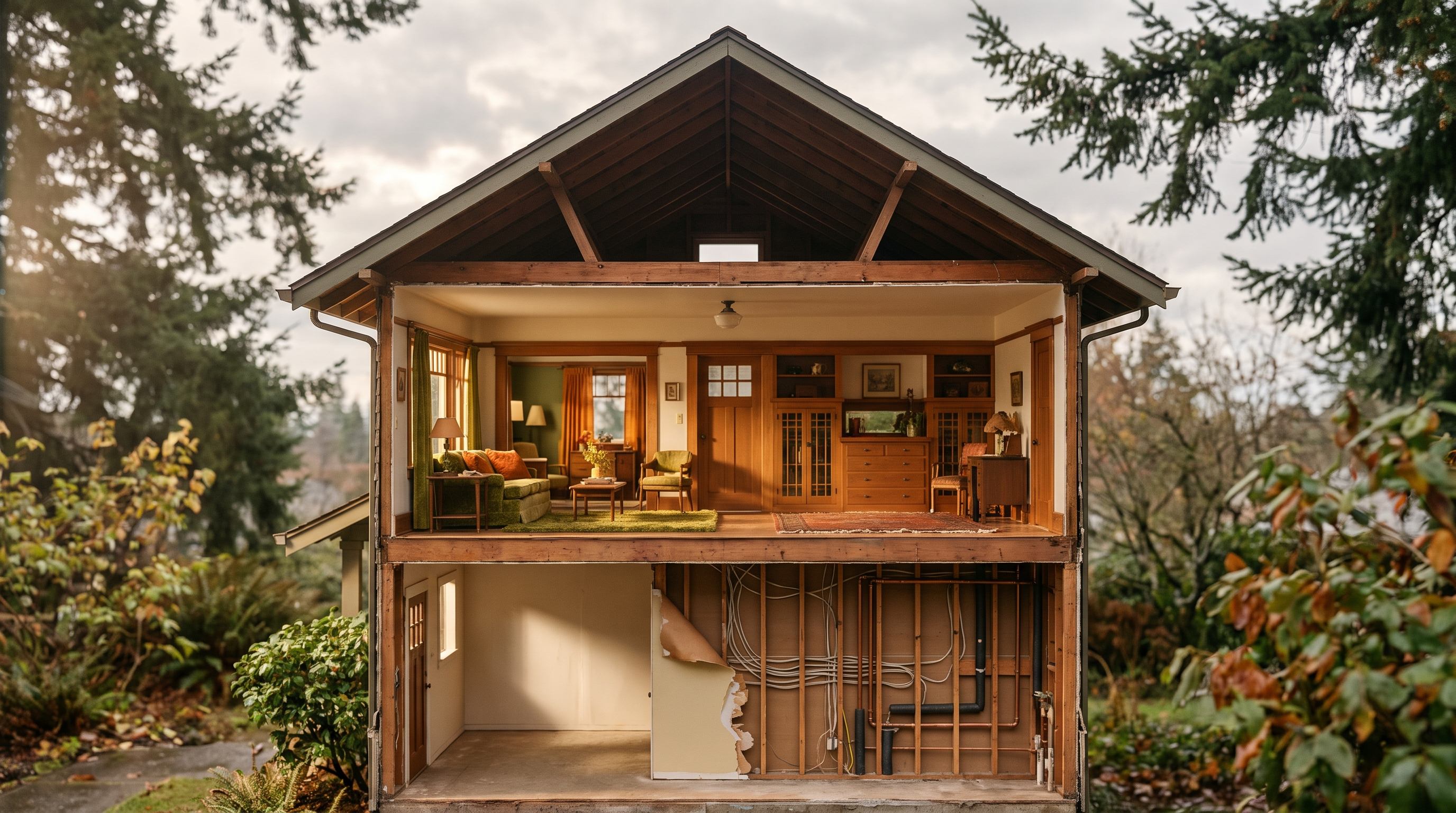 Cutaway cross-section of a Craftsman bungalow showing a basement wall opened to expose stud framing, wiring, and plumbing.
