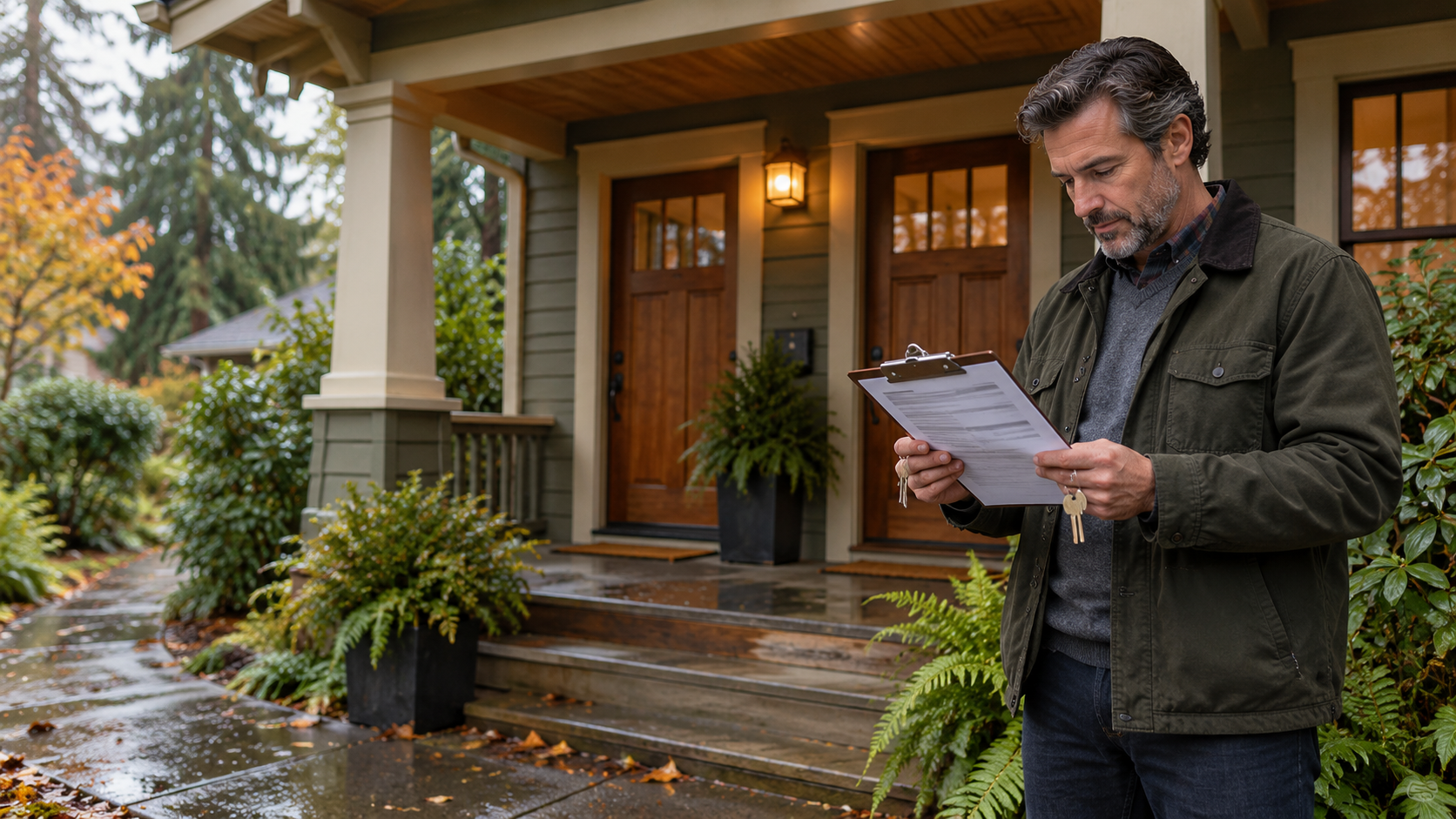 Rental property owner reviewing city registration paperwork outside a Pacific Northwest duplex