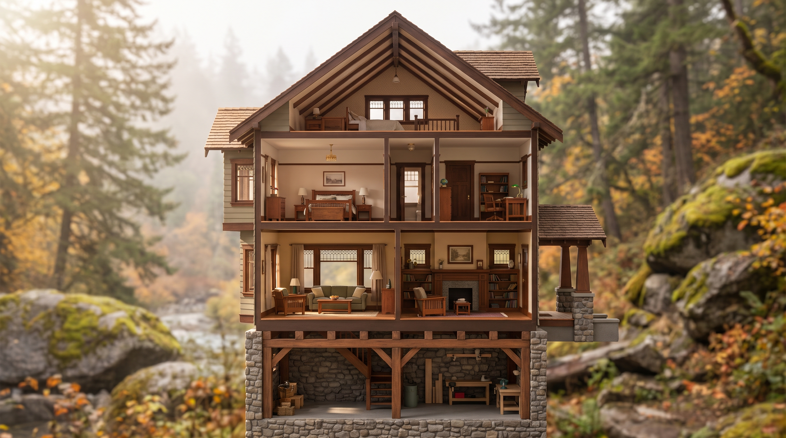 utaway view of a Craftsman-style home showing four stacked interior levels, illustrating the order in which liens are paid from a home sale