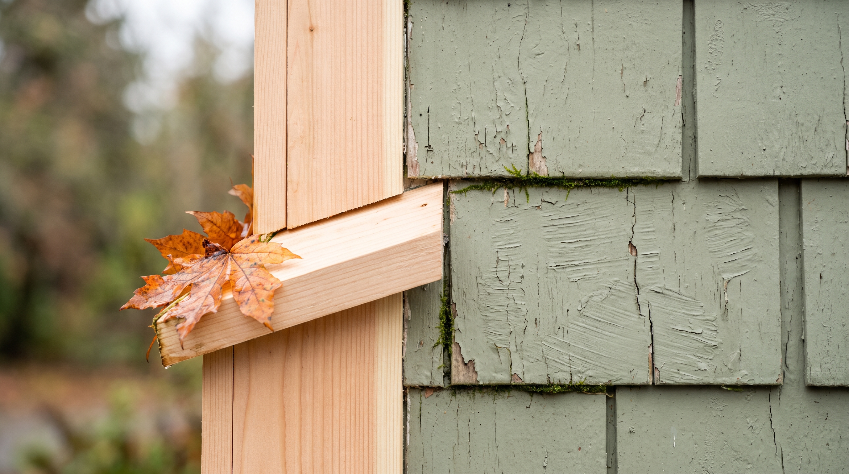 Close-up of new pale Douglas fir framing lumber meeting the weathered sage-green cedar siding of an older Portland Craftsman home, with moss in the seam and autumn leaves at the base.