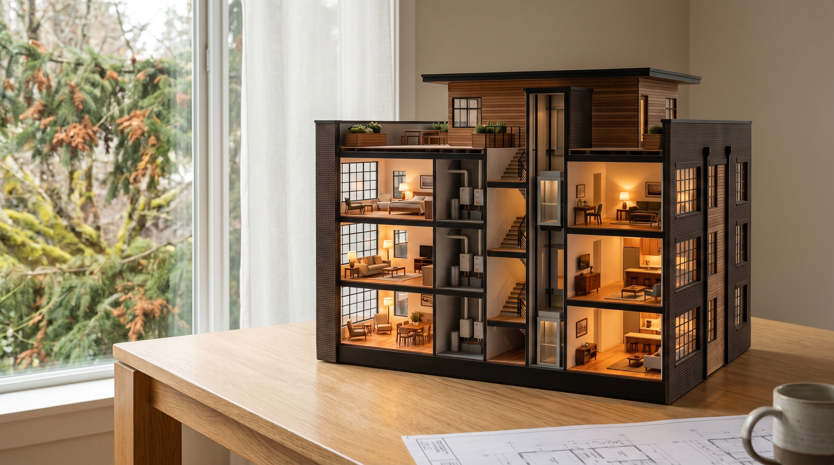Alt text: Architect's cutaway model of a four-story Pacific Northwest condominium building on a wood table, showing the interior units and shared systems in cross-section