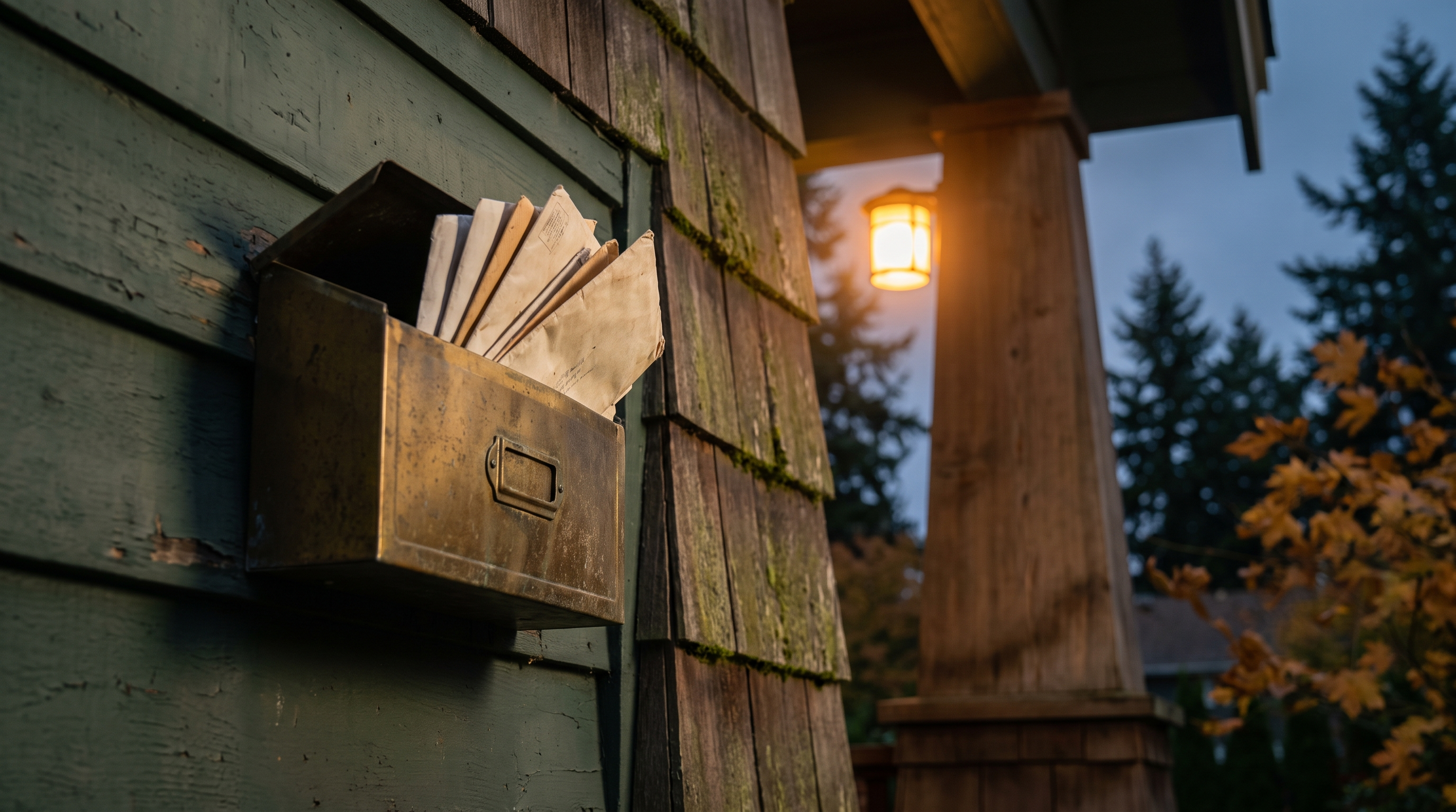 Brass mailbox holding several unopened envelopes beside the front door of a Craftsman home at dusk, with a porch lantern lit
