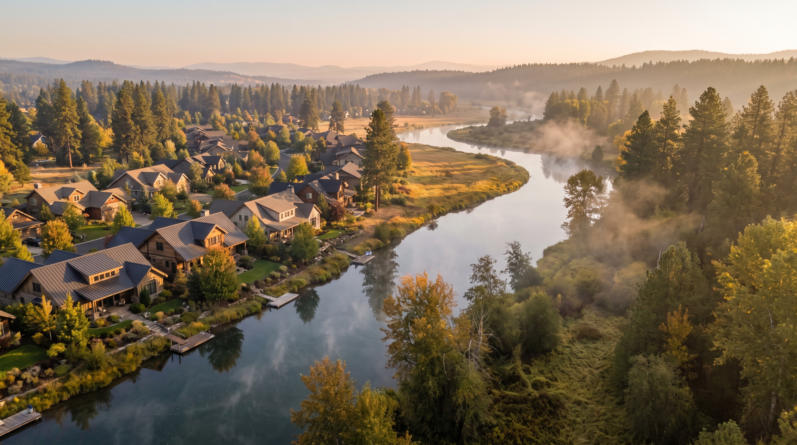 Aerial view of a Pacific Northwest riverside neighborhood in autumn, with homes on the high bank above a wooded floodplain greenbelt.