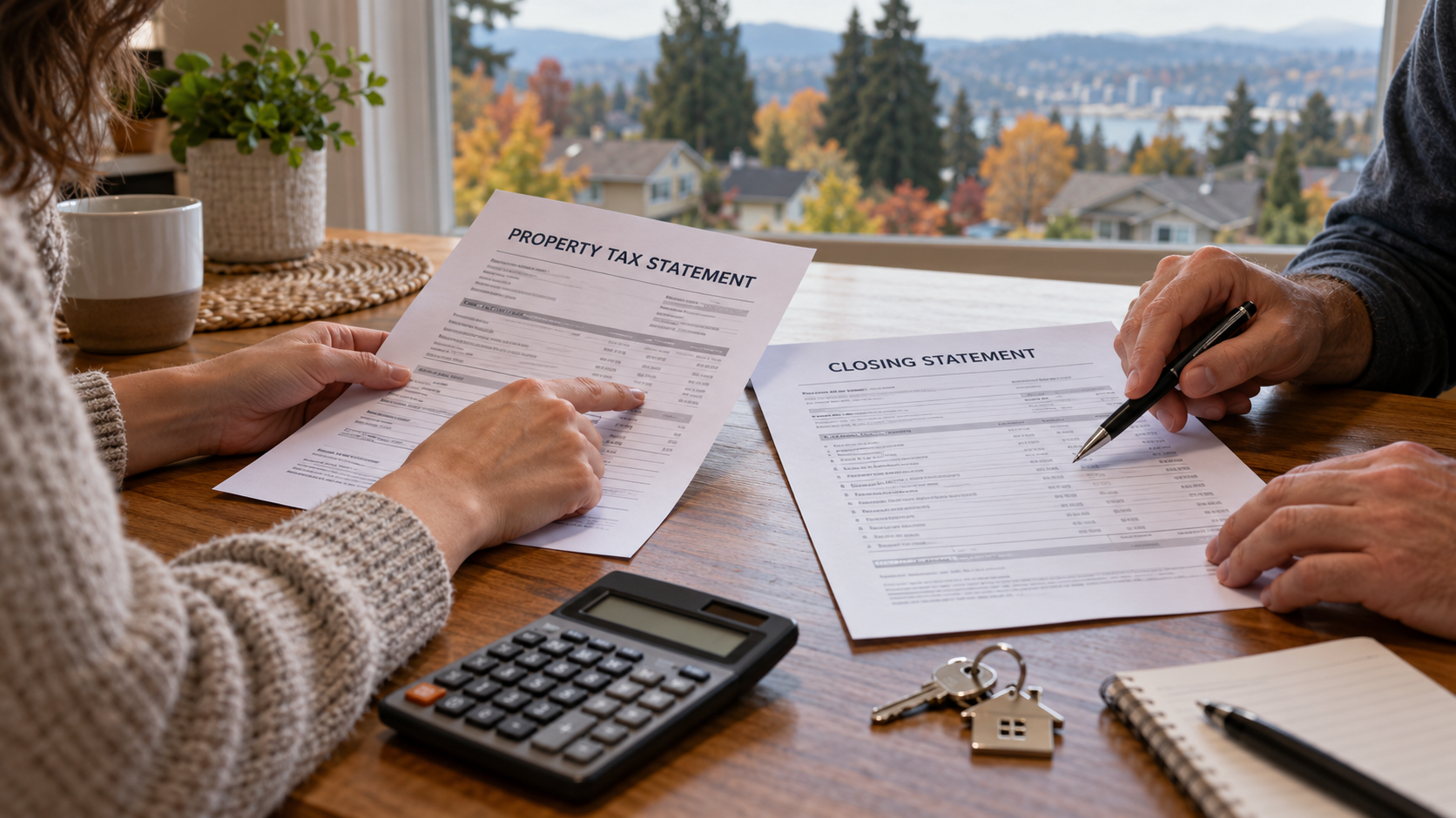 Two people compare a property tax statement and a closing statement at a kitchen table, with a calculator and house keys nearby.