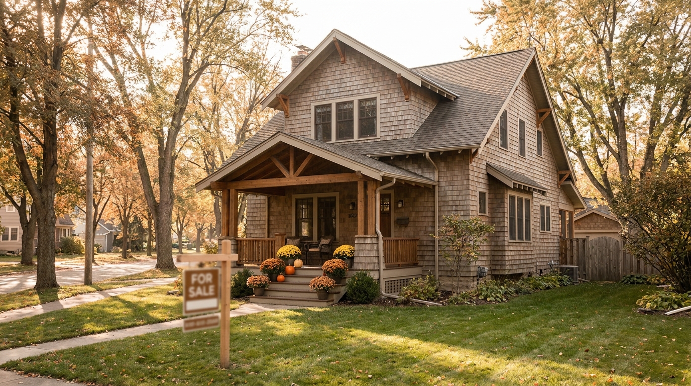 Craftsman-style single-family home for sale on a tree-lined Portland-Vancouver street in autumn light