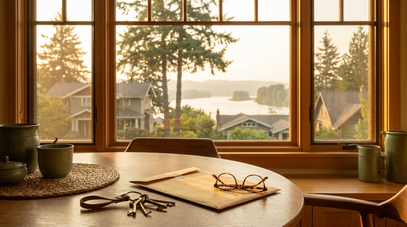 Sunlit Pacific Northwest kitchen table with house keys and a blank envelope beside a window overlooking a fir-lined neighborhood and river — conceptual image for earnest money in Portland and Vancouver.