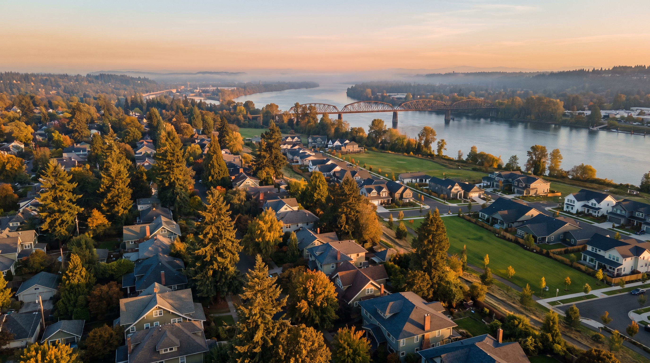 Golden-hour aerial view across the Columbia River, with established Craftsman rooftops and Douglas firs on one bank and newer Pacific Northwest homes on the other, a rail bridge spanning the water in soft morning mist