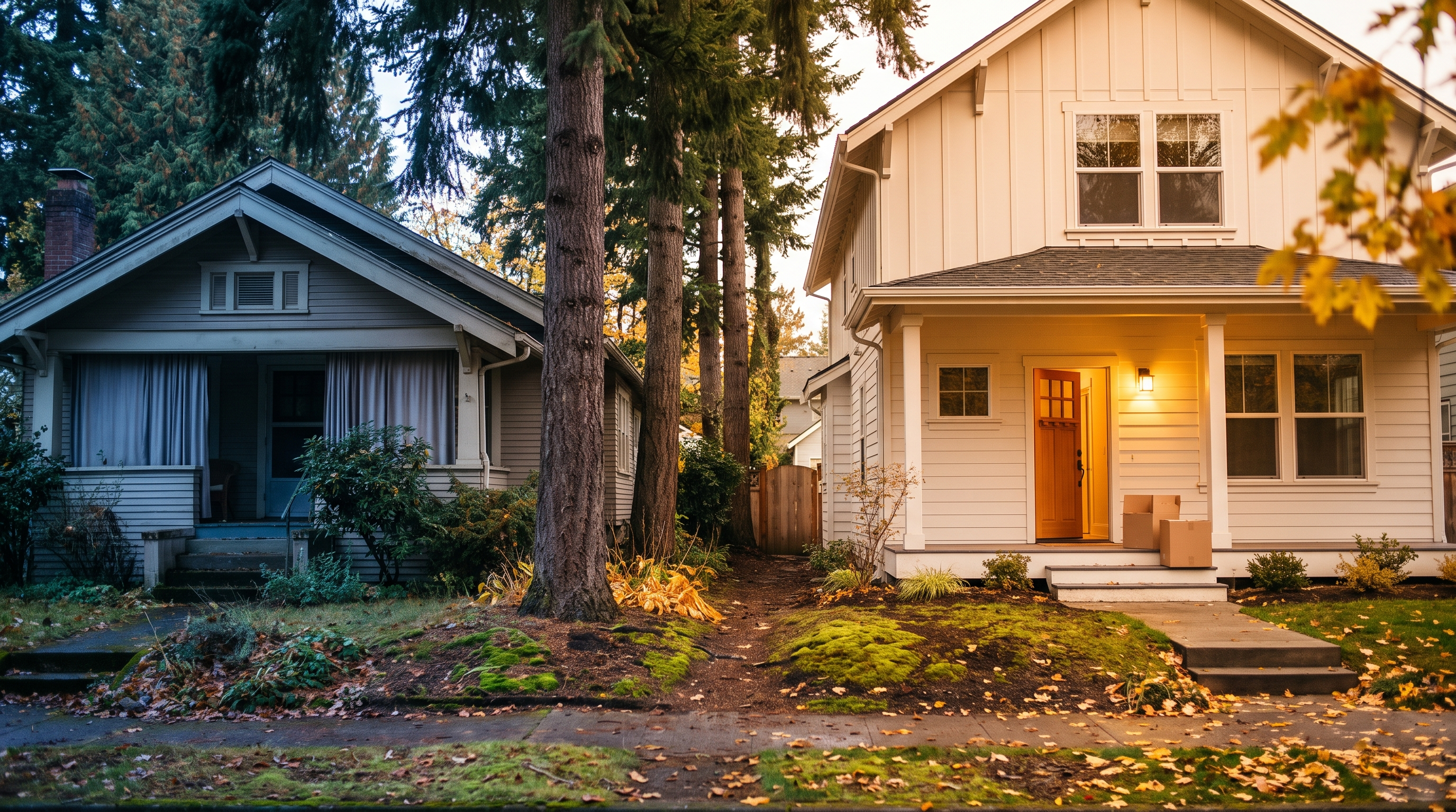 A Craftsman home in cool morning shade on the left and a warmly lit modern-farmhouse home with an open door and moving boxes on the porch at golden hour on the right, along a tree-lined Pacific Northwest street — illustrating the choice to buy a new home before selling your current one in Portland or Vancouver