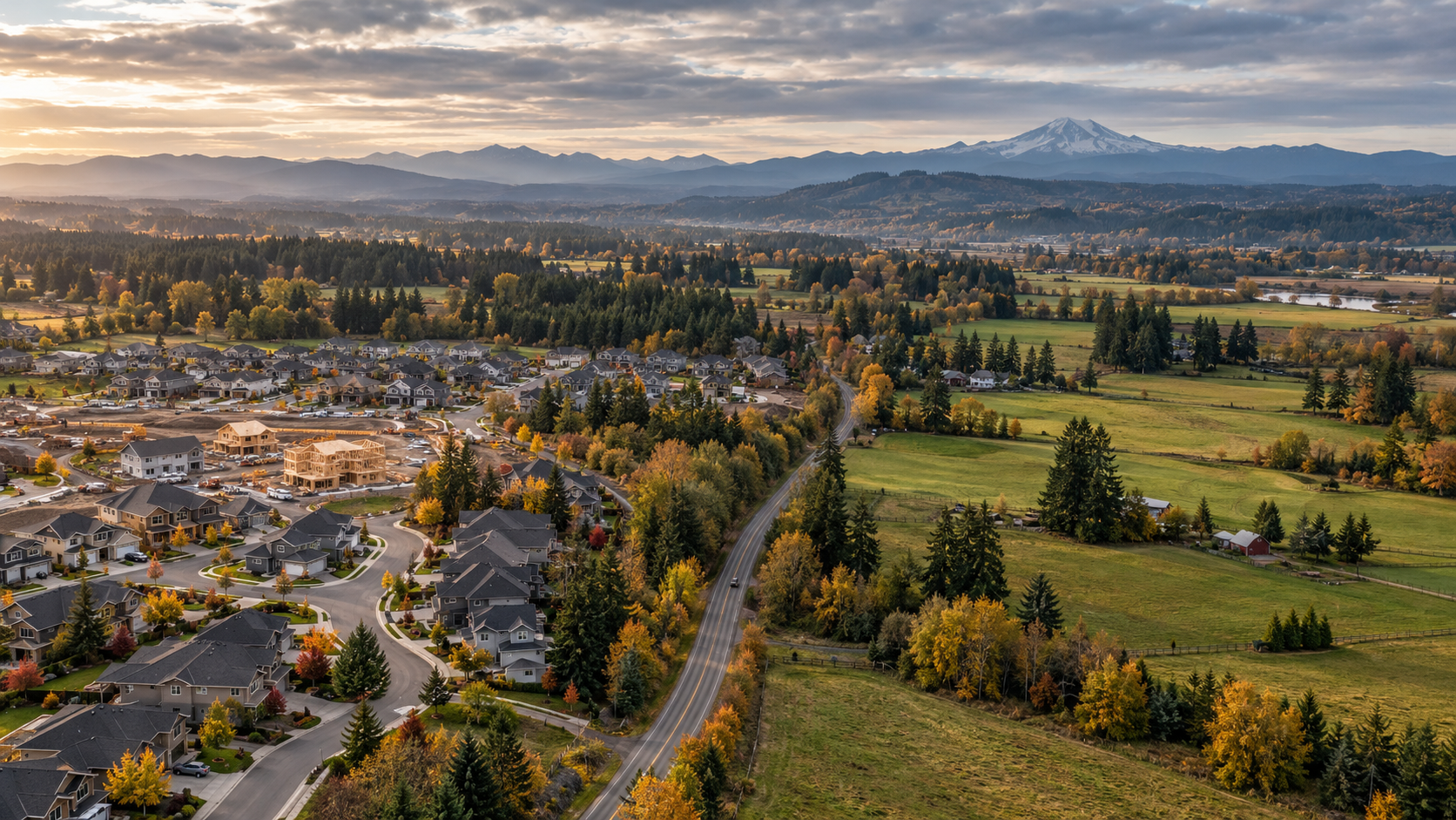 Aerial view of new housing development beside rural acreage in Clark County, Washington.