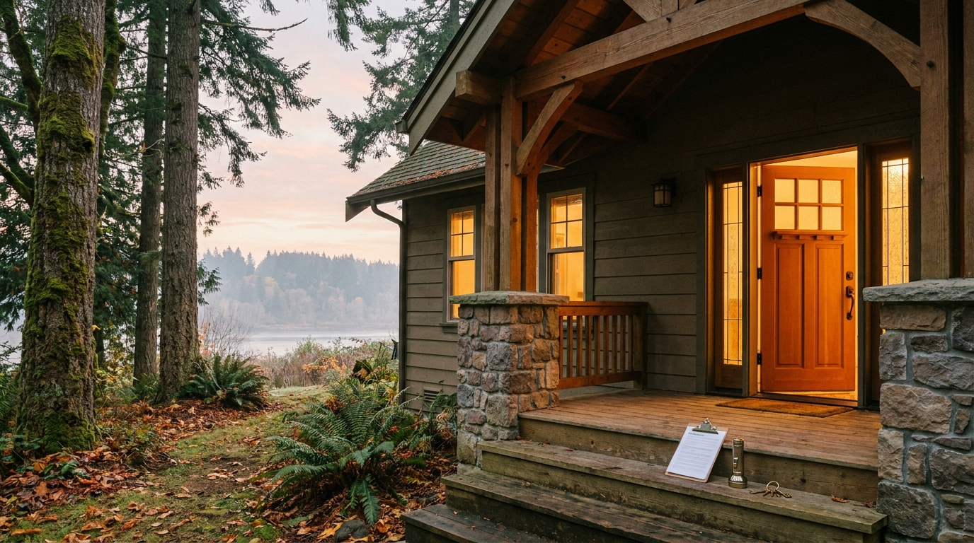 Warm morning light on a Pacific Northwest Craftsman home with an open front door, a clipboard and keys on the porch steps — representing a buyer weighing options after a home inspection.