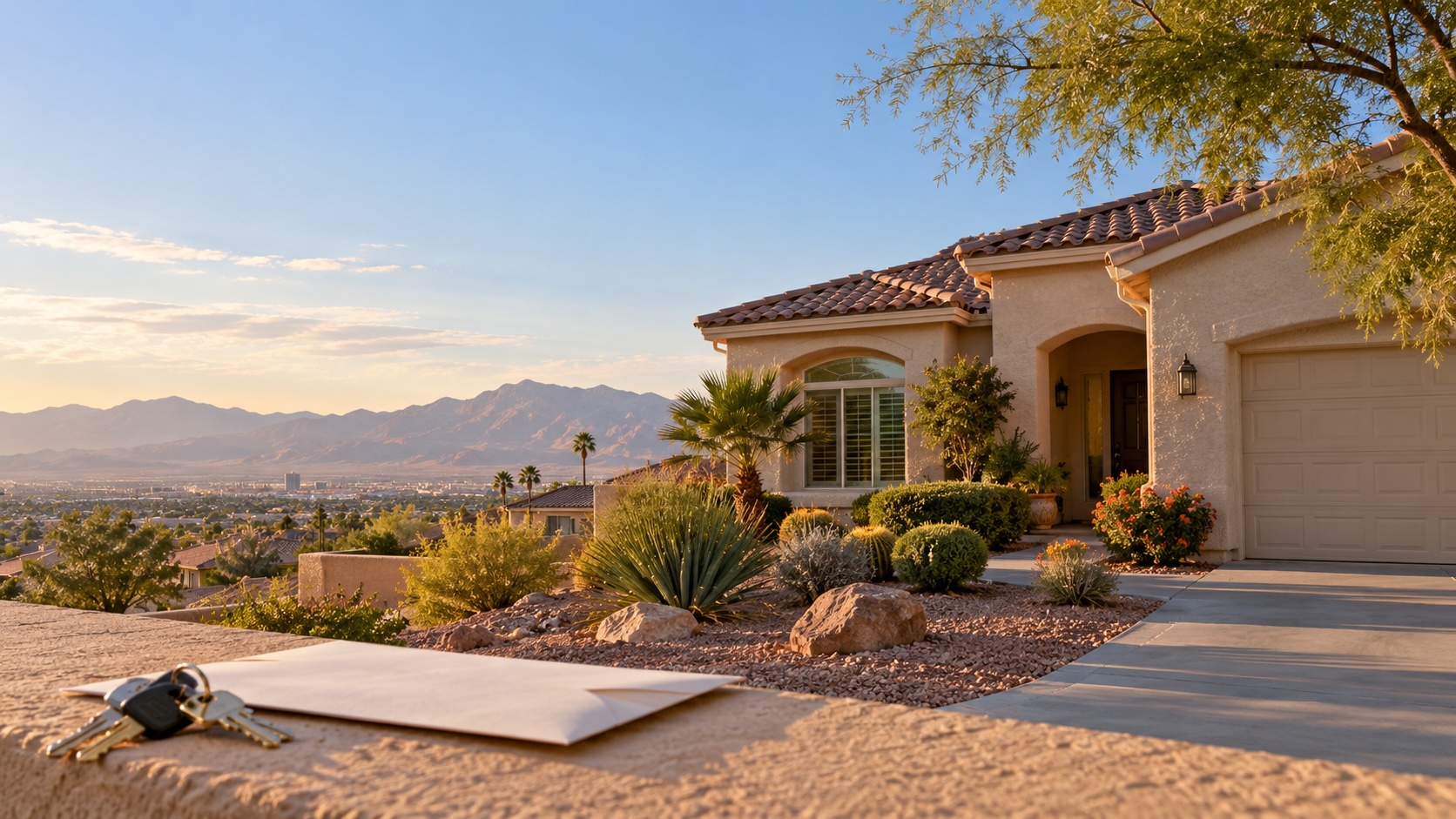 Single-story stucco home with desert landscaping in Las Vegas, with house keys and an envelope on a wall in the foreground