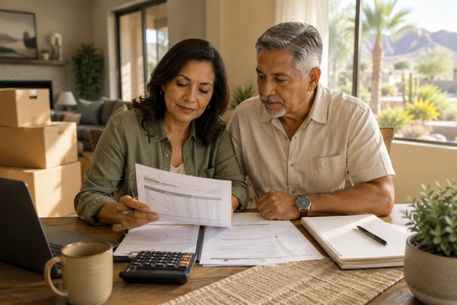Couple in their 60s reviewing closing documents at a dining table with moving boxes in the background and a desert view through the window