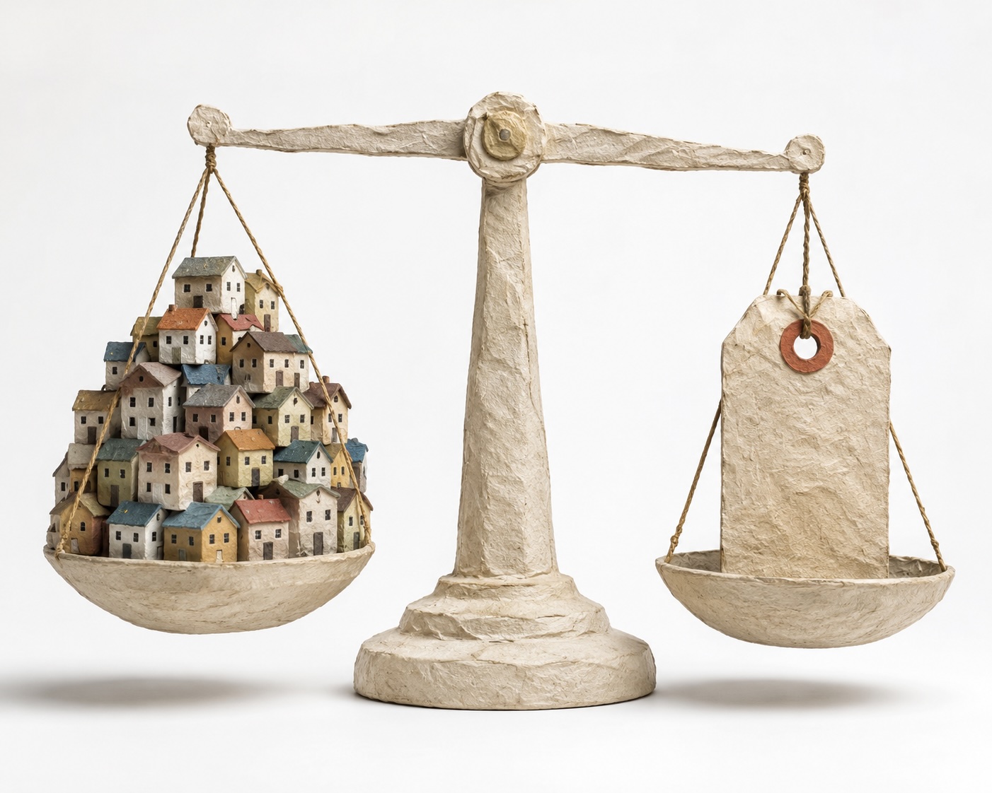 Scale balancing a pile of miniature homes against a price tag, illustrating the balance between housing inventory and pricing in Sun City Summerlin Las Vegas