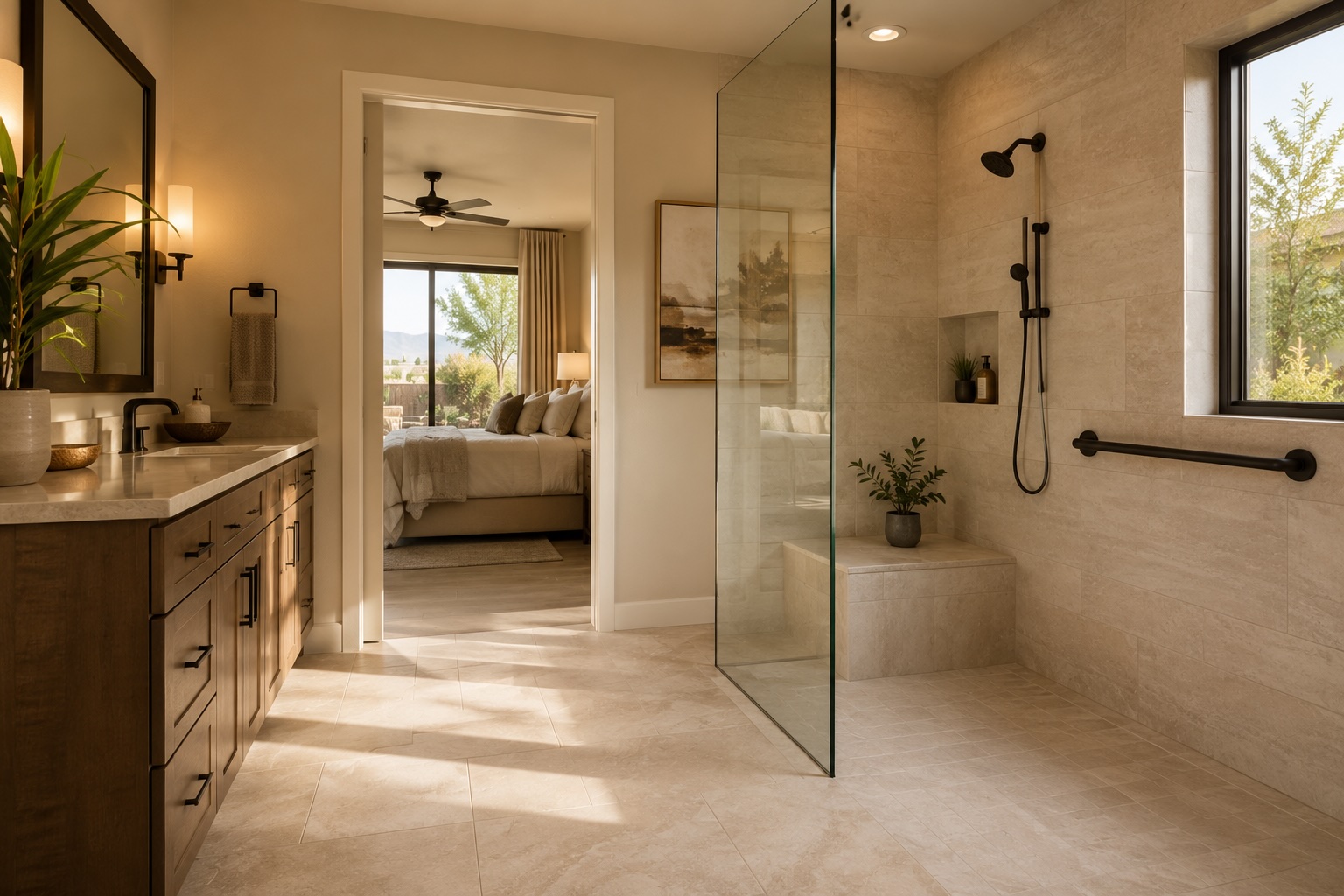 Upscale primary bathroom with curbless walk-in shower, grab bar, and bench seat in a Las Vegas desert-style home