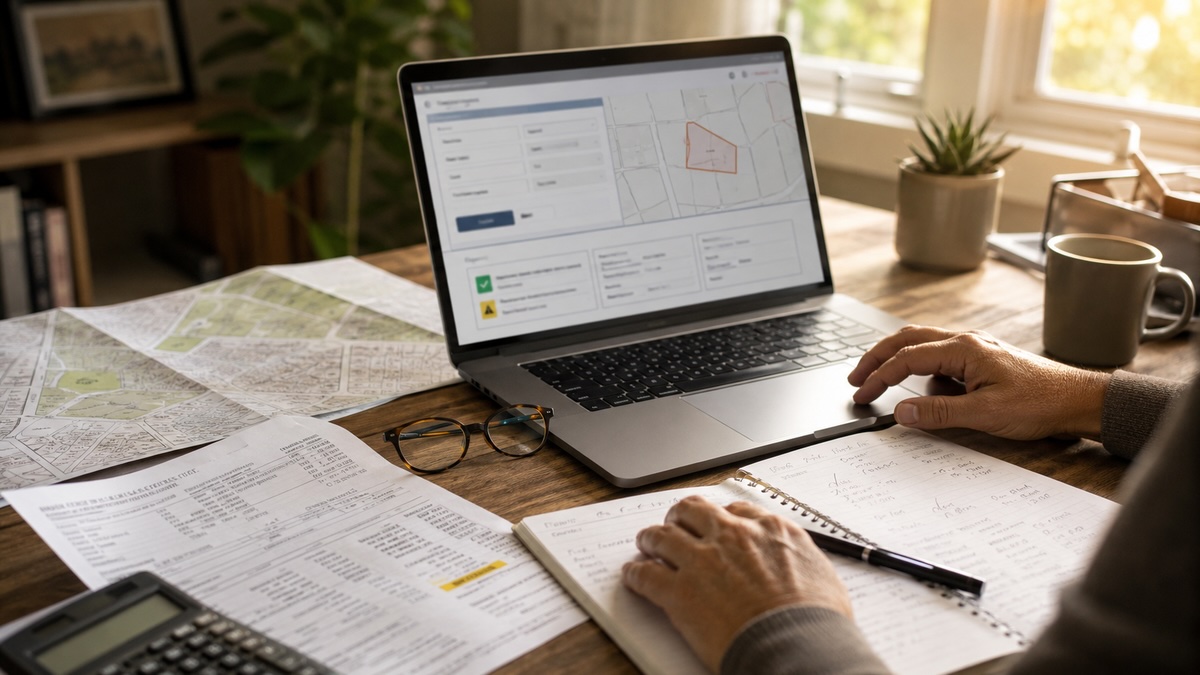 Verifying a parcel's special improvement district status on a laptop with property records and notes on a desk