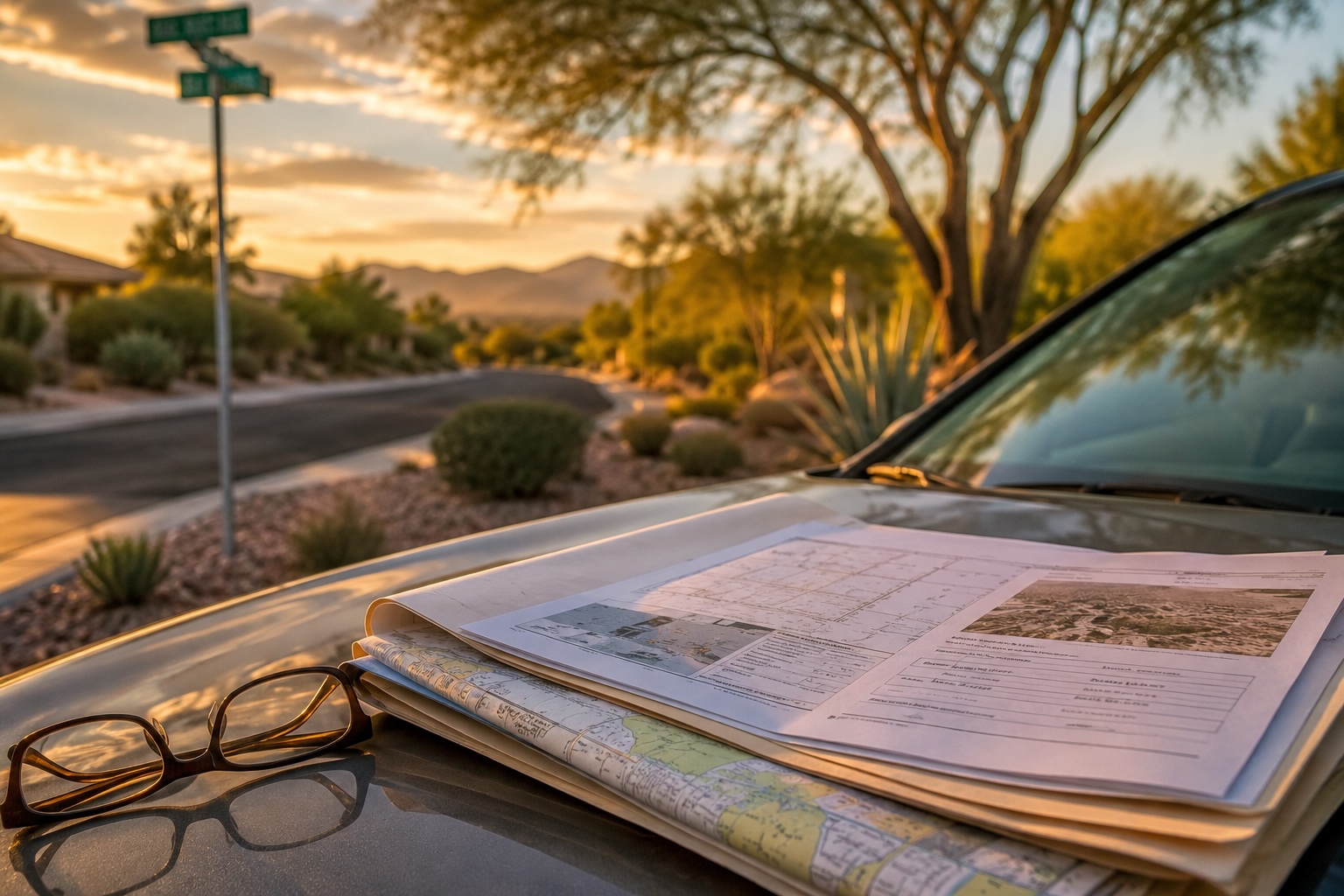 Real estate agent reviewing parcel maps and property records on a car hood to verify a SID assessment in Summerlin Las Vegas