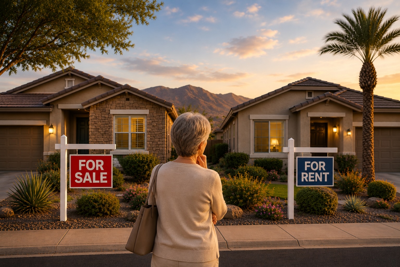 Older woman standing on a residential sidewalk in Las Vegas considering whether to buy or rent a home in retirement
