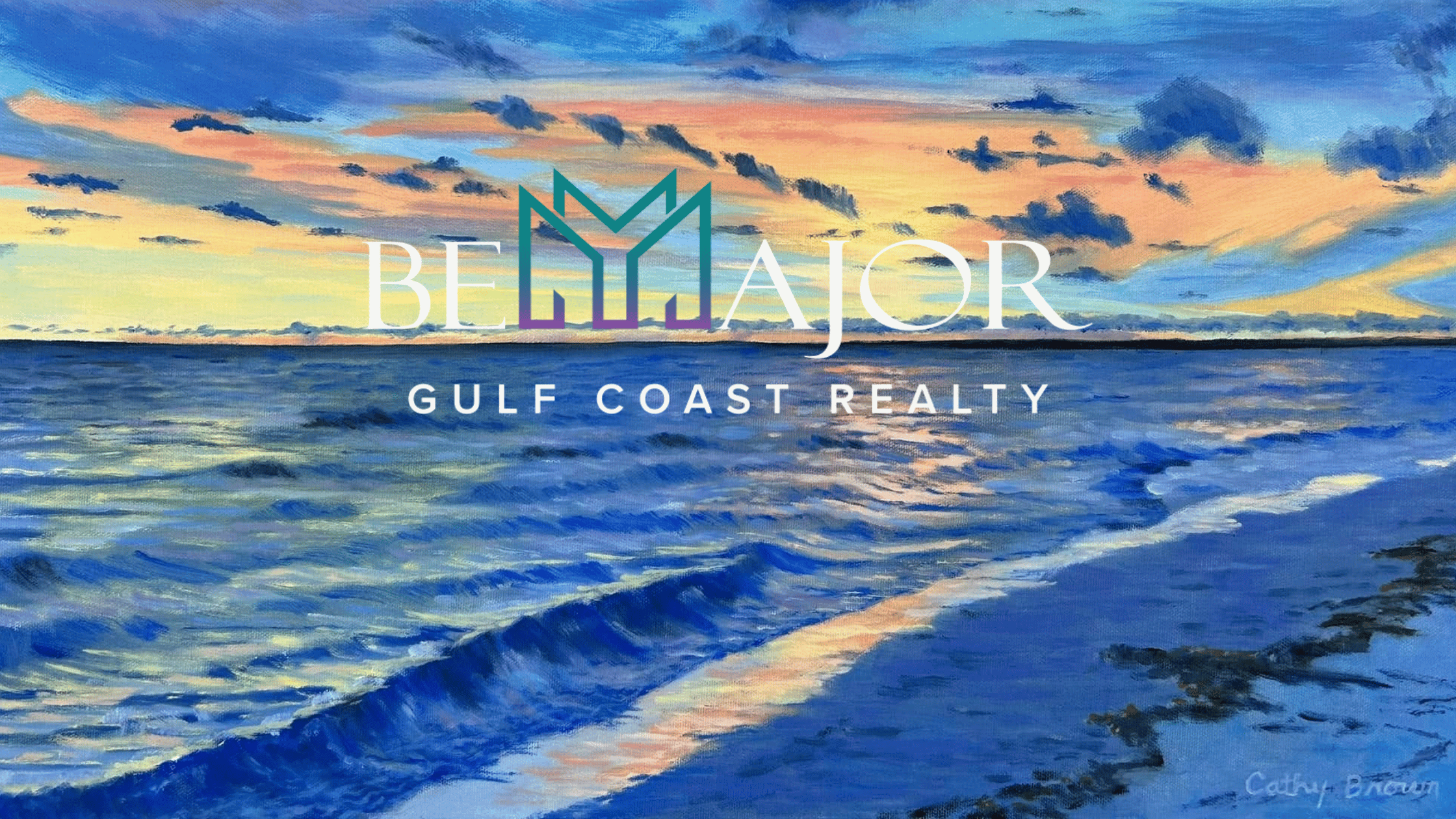 Oil painting by Cathy Brown, local artist, of a beautiful sunset over the Florida coastline
