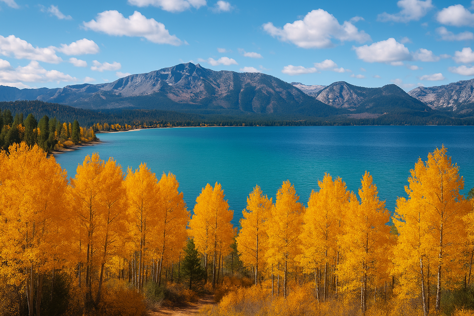 A scenic view of South Lake Tahoe in autumn with golden aspens, crisp blue lake water, and mountains in the background. Bright fall colors, peaceful and inviting.