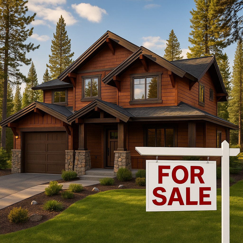 “Lake Tahoe mountain home with wood and stone exterior, surrounded by pine trees, featuring a For Sale sign in the front yard.”