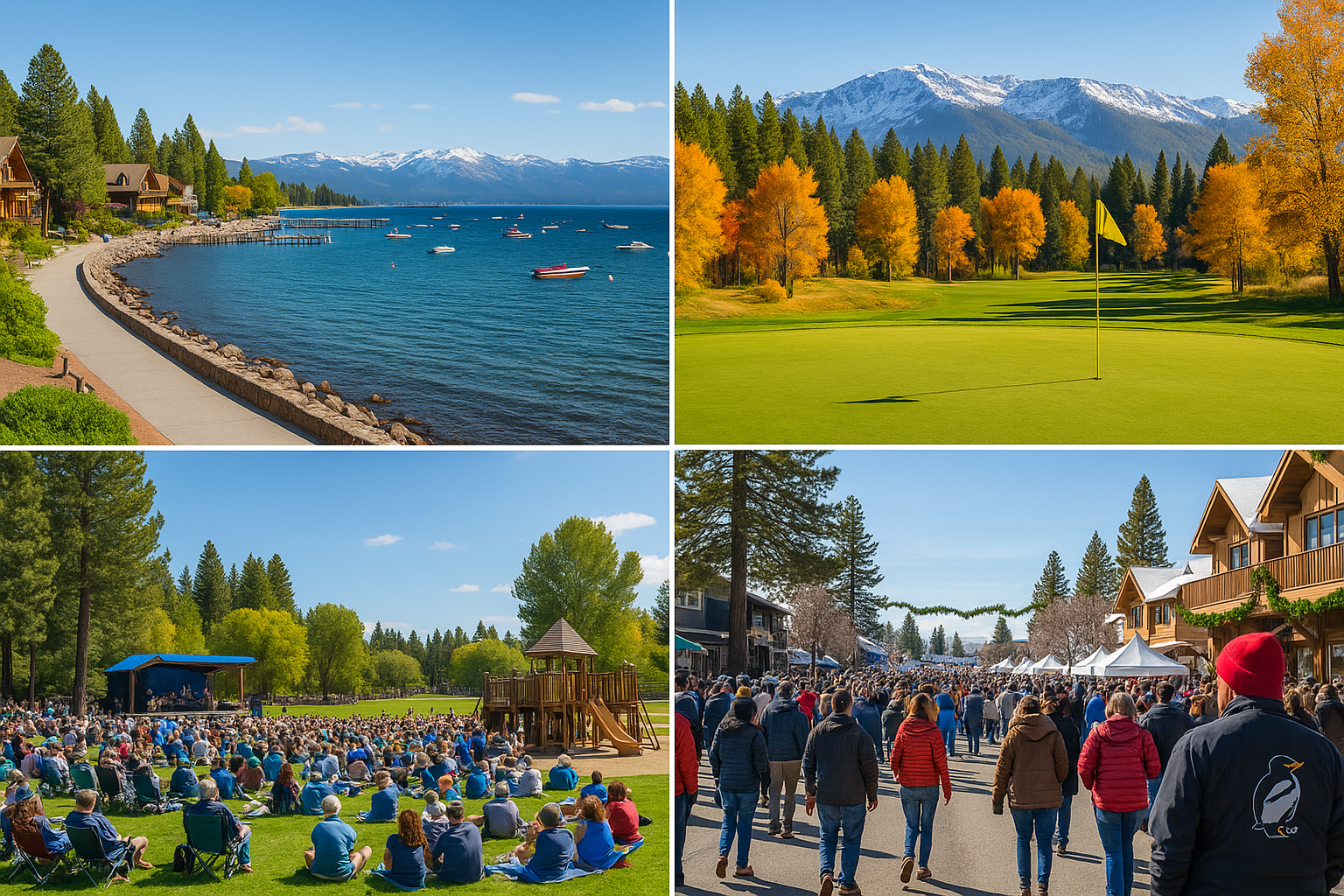 “Collage of Tahoe City, CA through the seasons — lakefront walkway, fall golf course, summer concert at Commons Beach playground, and winter festival downtown.”