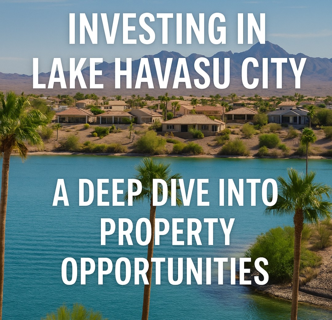 Waterfront homes and palm trees surrounding the shoreline of Lake Havasu under a bright blue sky, representing real estate investment opportunities in Lake Havasu City.