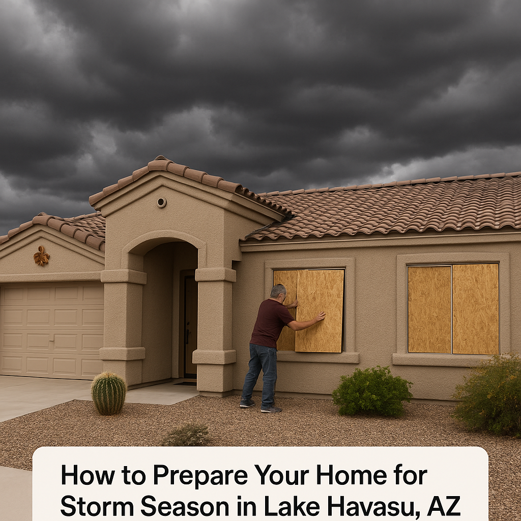 A man boards up the windows of a southwestern-style home in Lake Havasu, Arizona, as dark storm clouds gather overhead, preparing for storm season.