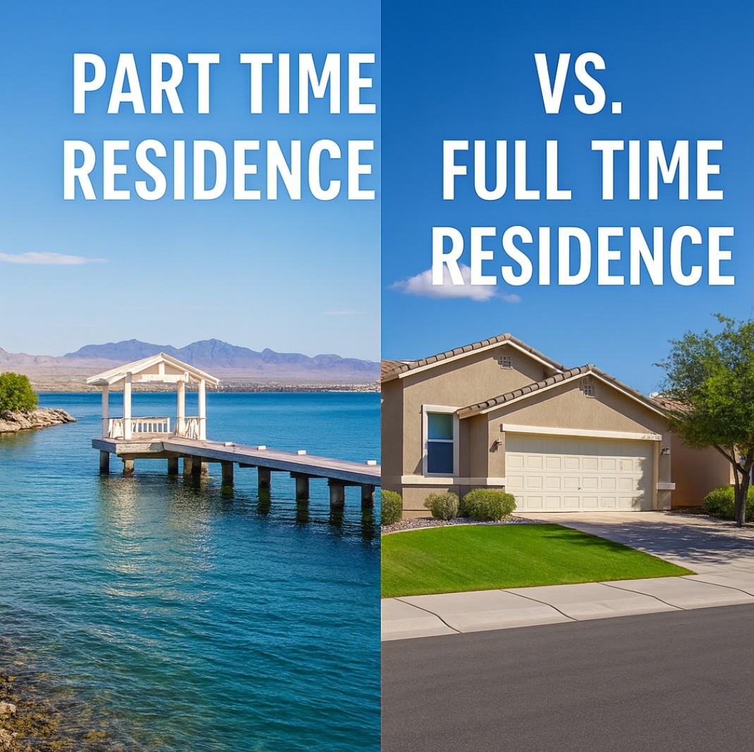 A split image comparing part-time and full-time living, showing a desert-style home with mountains for part-time residence on one side and a suburban full-time residence on the other.
