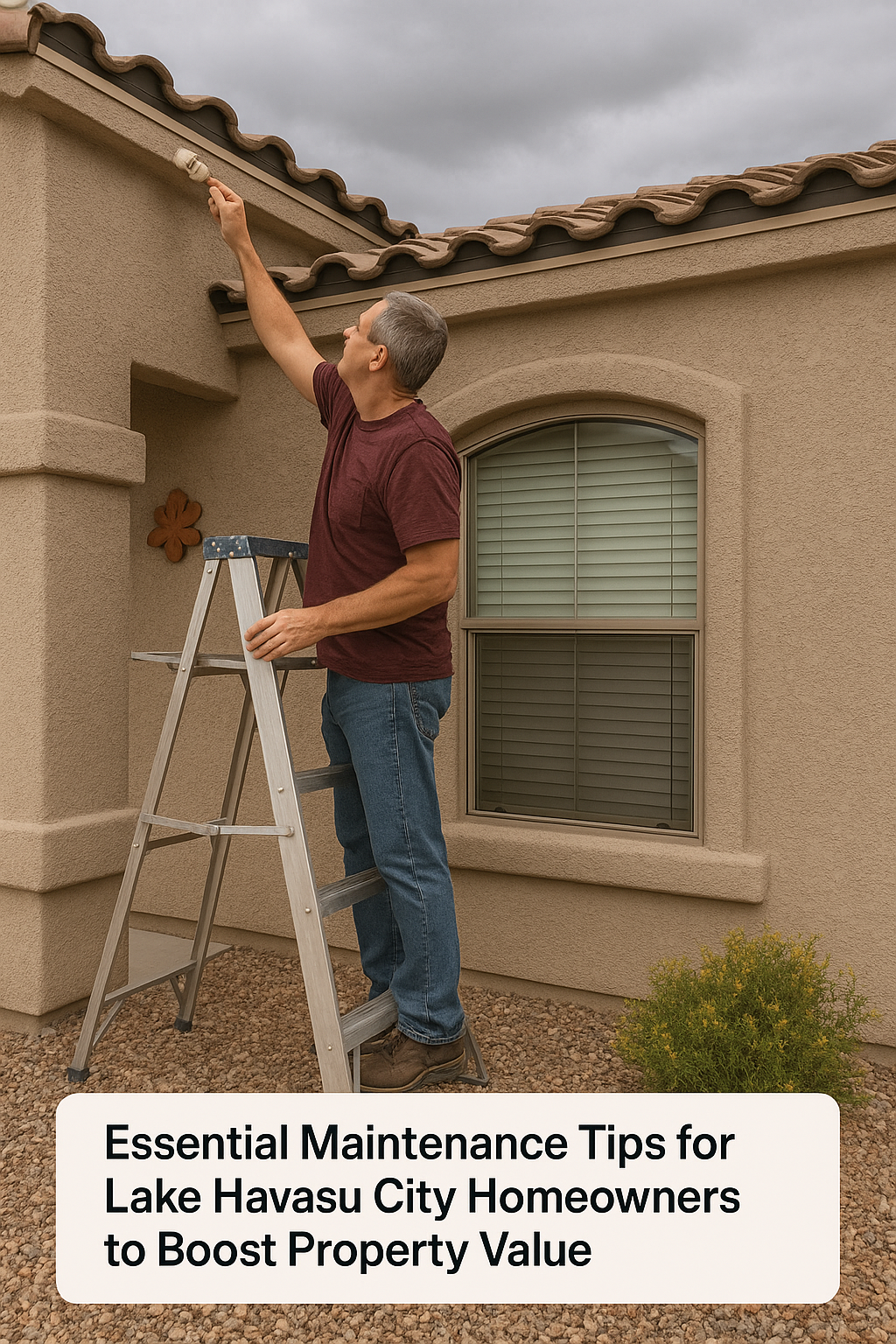 A man stands on a ladder painting the exterior trim of a southwestern-style home in Lake Havasu City, Arizona, performing maintenance to improve property value.