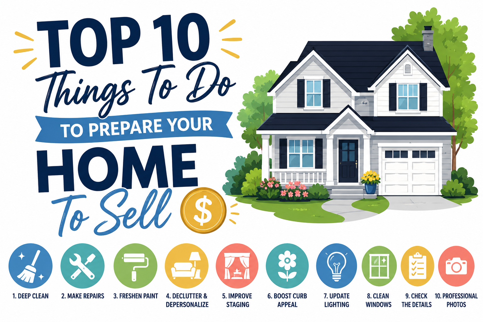 Top 10 Things To Do To Prepare Your Home To Sell💰 header image.