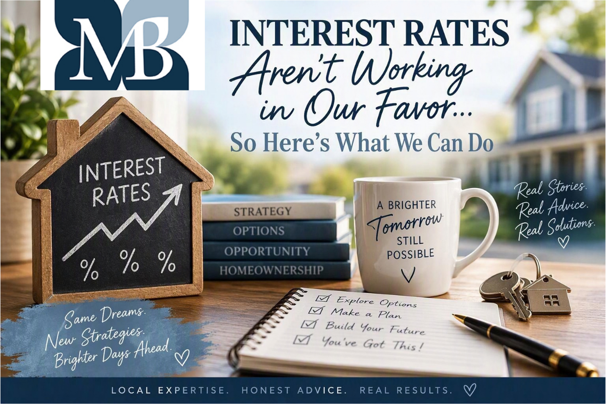 Real estate blog banner showing a house-shaped chalkboard with an upward interest rate graph, home-buying planning materials, house keys, and the headline 