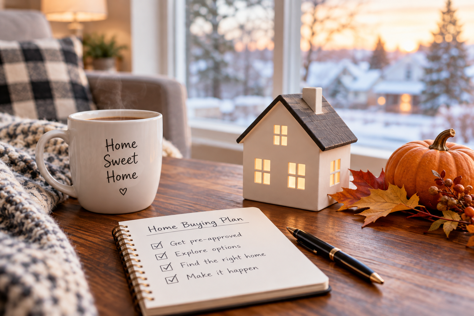 Fall home buying plan checklist beside a glowing model house, coffee mug and pumpkin by a snowy Kansas City window