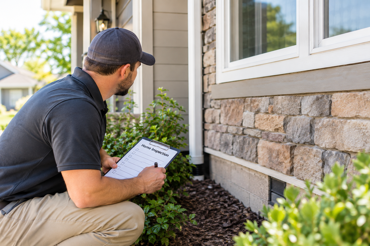 Home inspector with a Home Inspection checklist examining the foundation and exterior of a Kansas City North home