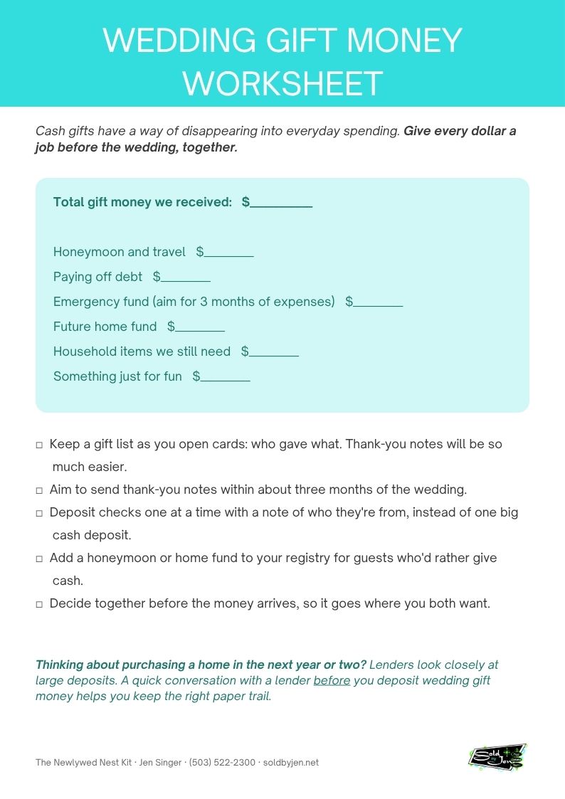 Wedding Gift Money Worksheet from the Newlywed Nest Kit