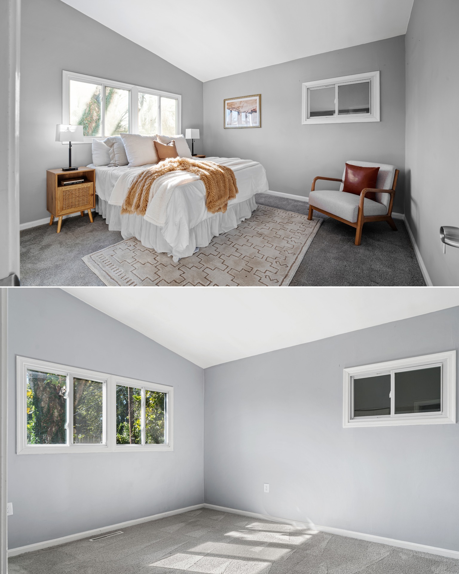 Before and after home staging in a Glen Burnie, MD primary bedroom showing increased space perception.