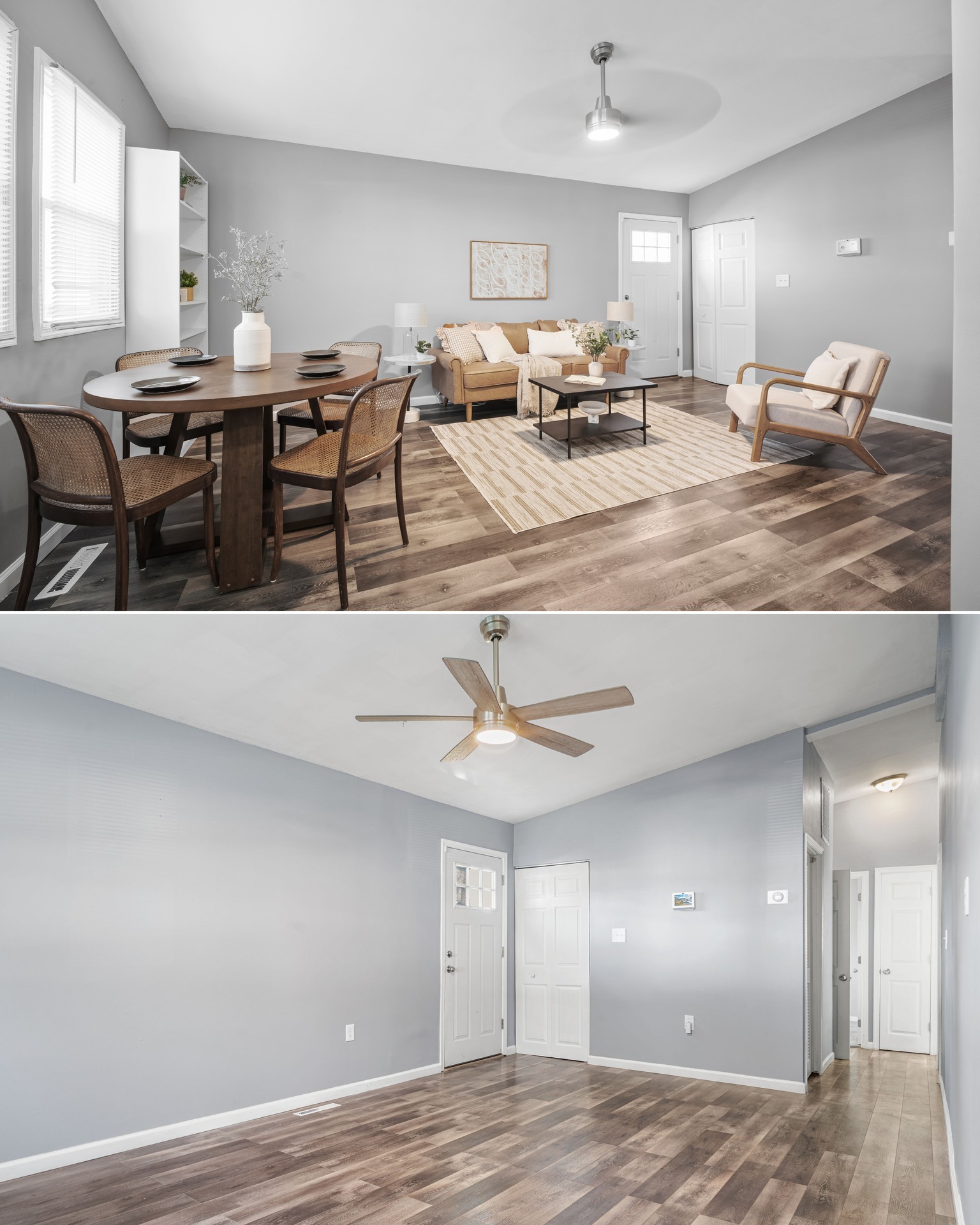Before and after home staging in a Glen Burnie, MD living room showing increased space perception.