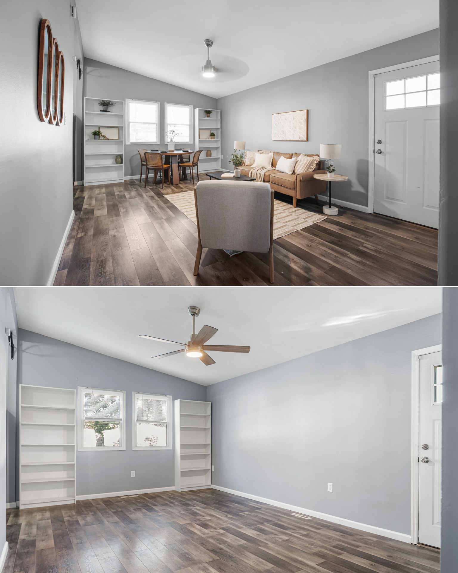 Before and after home staging in a Glen Burnie, MD living room showing increased space perception.